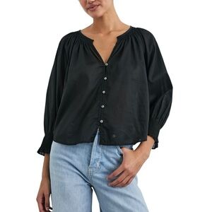 Rails Mariah Button-up Split Neck Cotton Blouse with smocked cuffs XL True Black